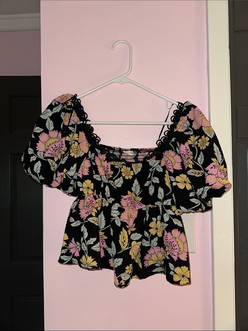 Blu Pepper Black Floral Puff Sleeve Crop Top with Pink & Yellow